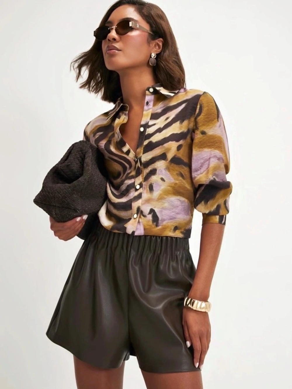 River Island Petite Khaki Animal Print Sheer Shirt Size 4